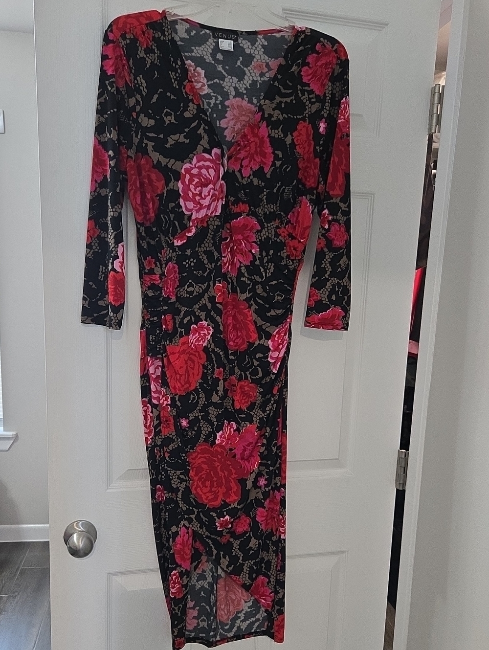 VENUS Black Midi Wrap Dress with Pink & Red Floral Print